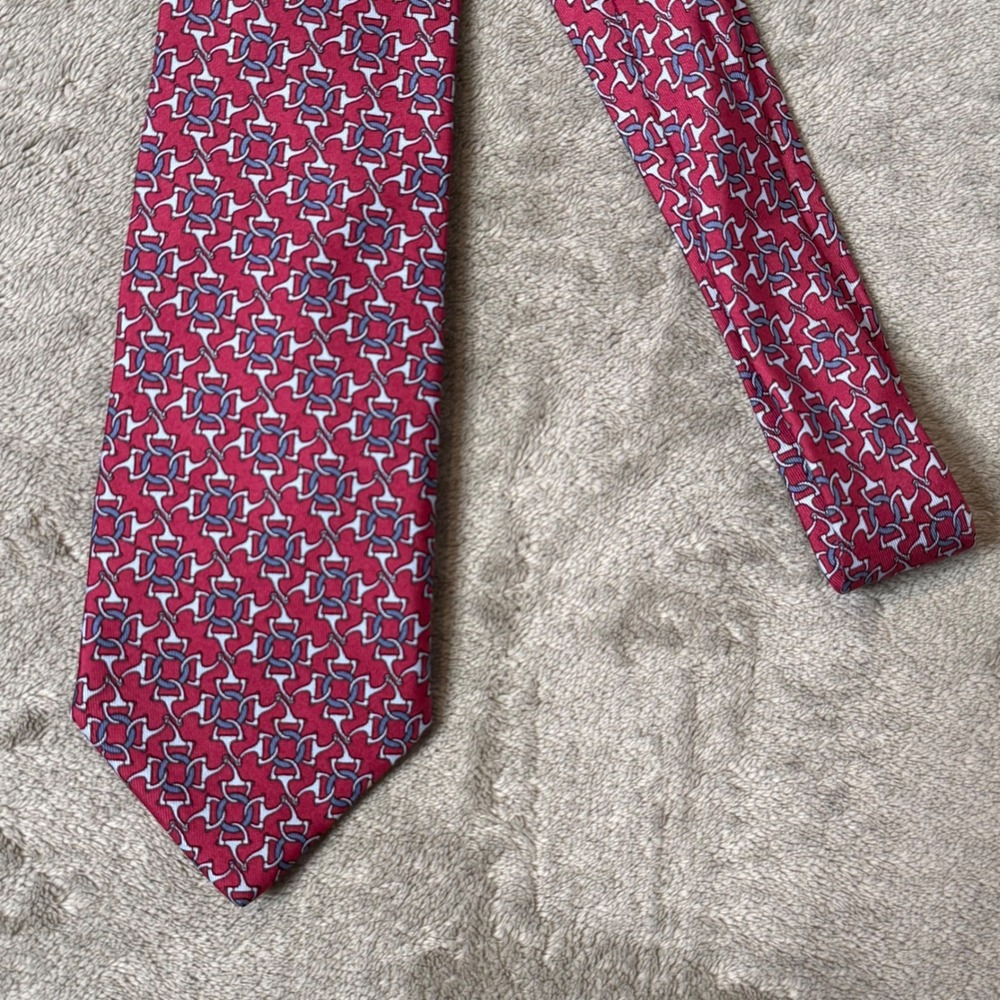 Hermes Paris Silk Tie Red Blue Horsebit Geometric Pattern 7115 FA Equestrian - Picture 7 of 8
